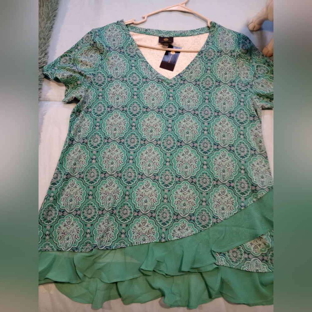 Green Patterned Top with Ruffle Detail - Picture 3 of 5